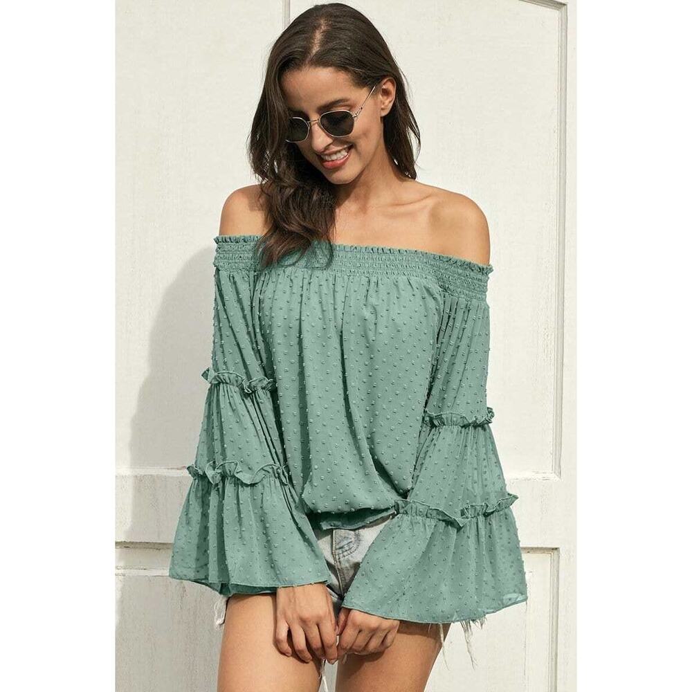 NEW Ninexis Sage Green Swiss Dot Off Shoulder Smocked Sleeve Summer Top Small - Picture 4 of 15